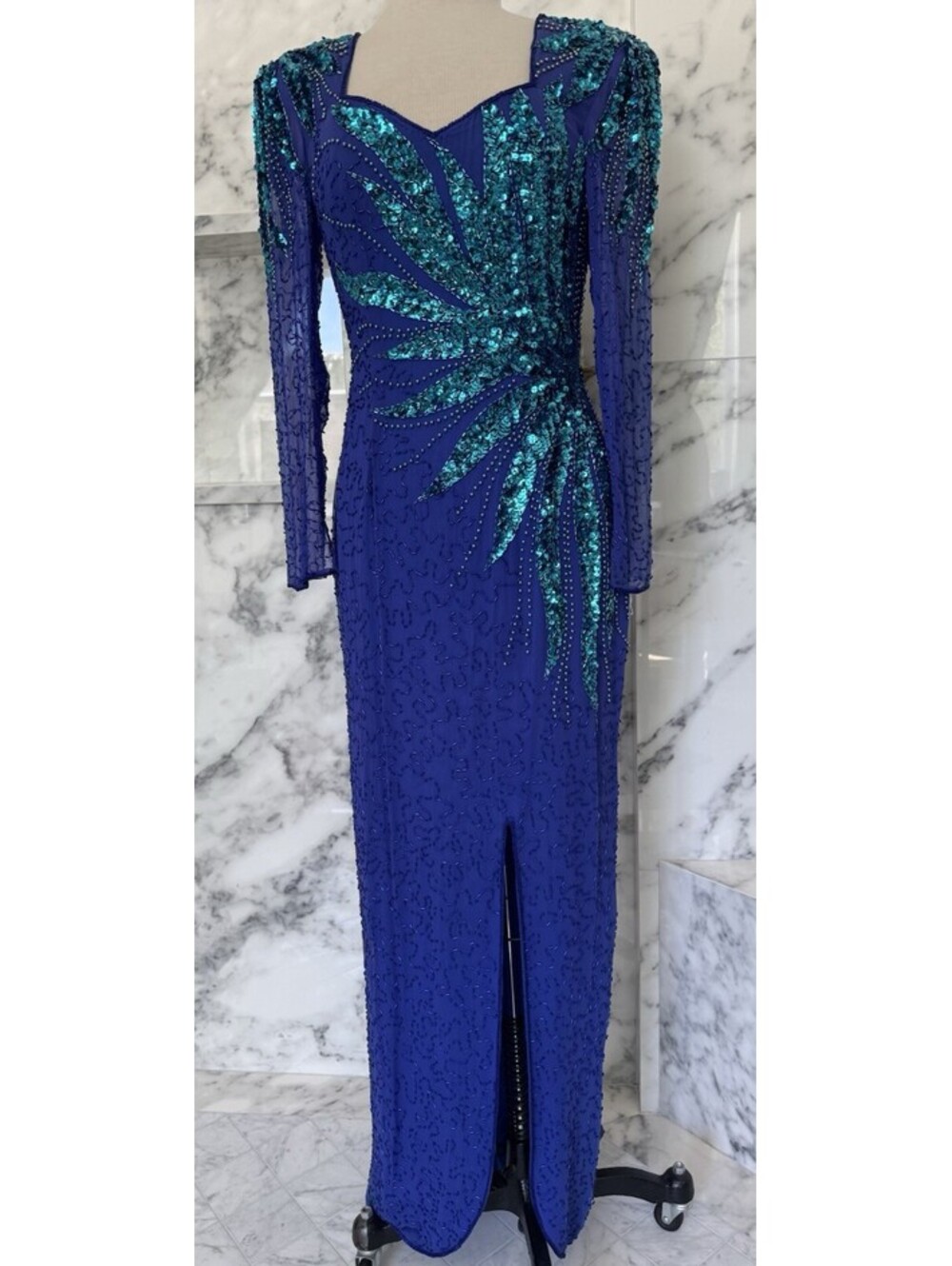 Alyce Designs Long Sleeve Evening Prom Sequin Embroidered  Royal Dress  Size 6